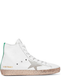 Golden Goose Deluxe Brand Francy Glittered Distressed Leather High Top Sneakers White