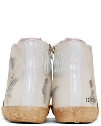 Golden Goose Ivory And Burgundy Glitter Francy High Top Sneakers