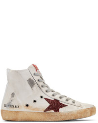 Golden Goose Ivory And Burgundy Glitter Francy High Top Sneakers
