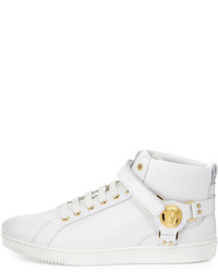 Versace Leather Harness Mid Top Sneaker With Gold Medallion White