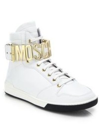Moschino Logo Ankle Strap Leather High Top Sneakers