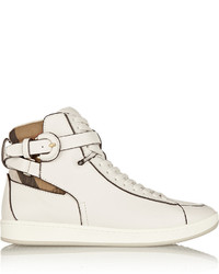 Burberry London London Checked Canvas And Textured Leather High Top Sneakers