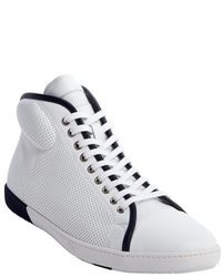 Giorgio Armani White And Navy Perforated Leather High Top Sneakers