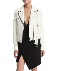 Belted Zip Front Leather Jacket White