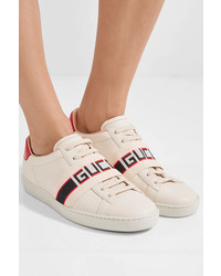 Gucci Ace Jacquard Trimmed Logo Embossed Leather Sneakers