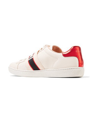 Gucci Ace Jacquard Trimmed Logo Embossed Leather Sneakers
