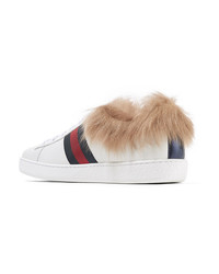 Gucci Ace Shearling Lined Embroidered Leather Sneakers