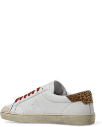 Saint Laurent Court Classic Suede Trimmed Appliqud Distressed Leather Sneakers White
