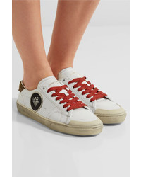 Saint Laurent Court Classic Suede Trimmed Appliqud Distressed Leather Sneakers White