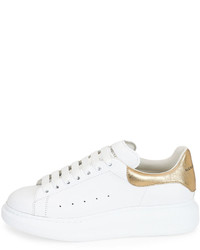 Alexander McQueen Leather Low Top Sneaker Wgolden Heel White