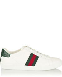 Gucci New Ace Crocodile Trimmed Leather Sneakers White