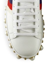 Gucci New Ace Faux Pearl Studded Leather Low Top Sneakers
