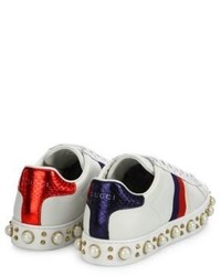 Gucci New Ace Faux Pearl Studded Leather Low Top Sneakers