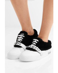 Miu Miu Shearling Trimmed Buckled Leather Sneakers White