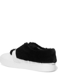 Miu Miu Shearling Trimmed Buckled Leather Sneakers White