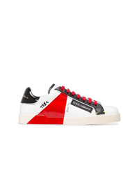 Dolce & Gabbana White Black And Red Portofino Leather Sneakers