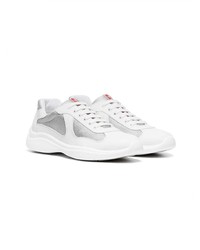 Prada White Grey And Red Americas Cup Leather And Mesh Sneakers
