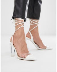 ASOS DESIGN Pucker Up Tie Leg Pointed High Heels In Whiteclear