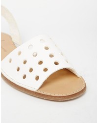 Pieces Evey White Perforated Leather Two Part Flat Sandals