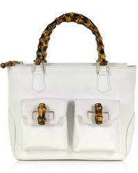 Buti Front Pockets White Leather Satchel Bag W Bamboo Handles