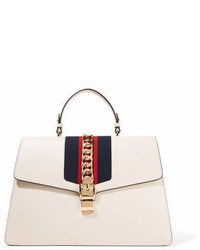 Gucci Sylvie Large Chain Embellished Leather Tote White