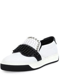 Fendi Karlito Beaded Top Leather Slip On Sneaker White