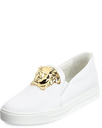 Versace Leather Slip On Sneaker With Golden Medusa Head White