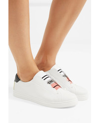 Fendi Logo Woven Stretch Knit And Leather Slip On Sneakers White
