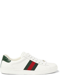 Gucci Ace Crocodile Trimmed Leather Sneakers