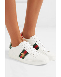 Gucci Ace Watersnake Trimmed Embroidered Leather Sneakers White