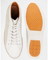 Asos Brand Mid Top Sneakers In White Leather