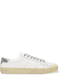 Saint Laurent Court Classic Glitter Trimmed Leather Sneakers White