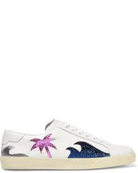 Saint Laurent Court Classic Glittered Leather Sneakers White
