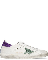 Golden Goose Deluxe Brand Super Star Glittered Mesh And Distressed Leather Sneakers White