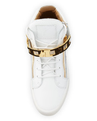 Giuseppe Zanotti Leather Mid Top Sneaker Wlink Bracelet Strap White