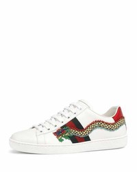 Gucci New Ace Snake Embroidered Sneakers White