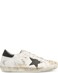 Golden Goose Deluxe Brand Super Star Distressed Calf Hair Paneled Leather Sneakers Off White