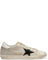 Golden Goose Deluxe Brand Super Star Distressed Leather Paneled Mesh Sneakers White