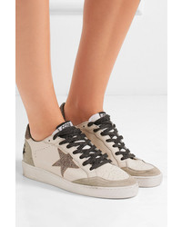 Golden Goose Deluxe Brand Super Star Glittered Distressed Leather And Suede Sneakers White