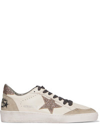 Golden Goose Deluxe Brand Super Star Glittered Distressed Leather And Suede Sneakers White