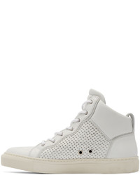 Balmain White Leather Perforated Mid Top Sneakers