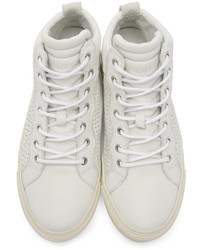 Balmain White Leather Perforated Mid Top Sneakers