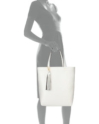 Neiman Marcus Pebbled Faux Leather Tassel Tote Bag Whitegray