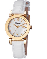 Salvatore Ferragamo 31mm Watch W Mother Of Pearl Dial Patent Leather Strap White