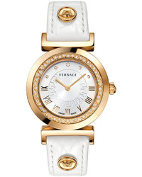 Versace 35mm Vanity Round Watch W Diamond Bezel Leather Strap Goldenwhite