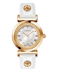 Versace 35mm Vanity Round Watch W Leather Strap White