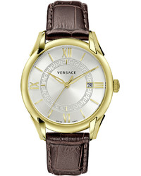 Versace 42mm Apollo Watch W Calfskin Leather Strap Goldensilvertonebrown