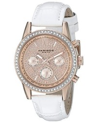 Akribos XXIV Ak871wtr Crystal Accented Two Time Zone Pave Dial Rose Tone And White Leather Strap Watch