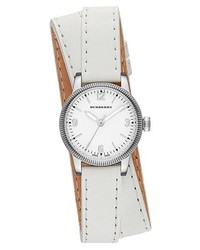 Burberry Utilitarian Round Leather Wrap Watch 30mm White