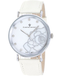 Christian Van Sant Christian Van Sant Fleur Mother Of Pearl White Leather Bracelet Watch